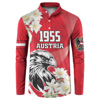 Red button sweatshirt with 1955 Austria eagle and white daisy-like flowers, front panel