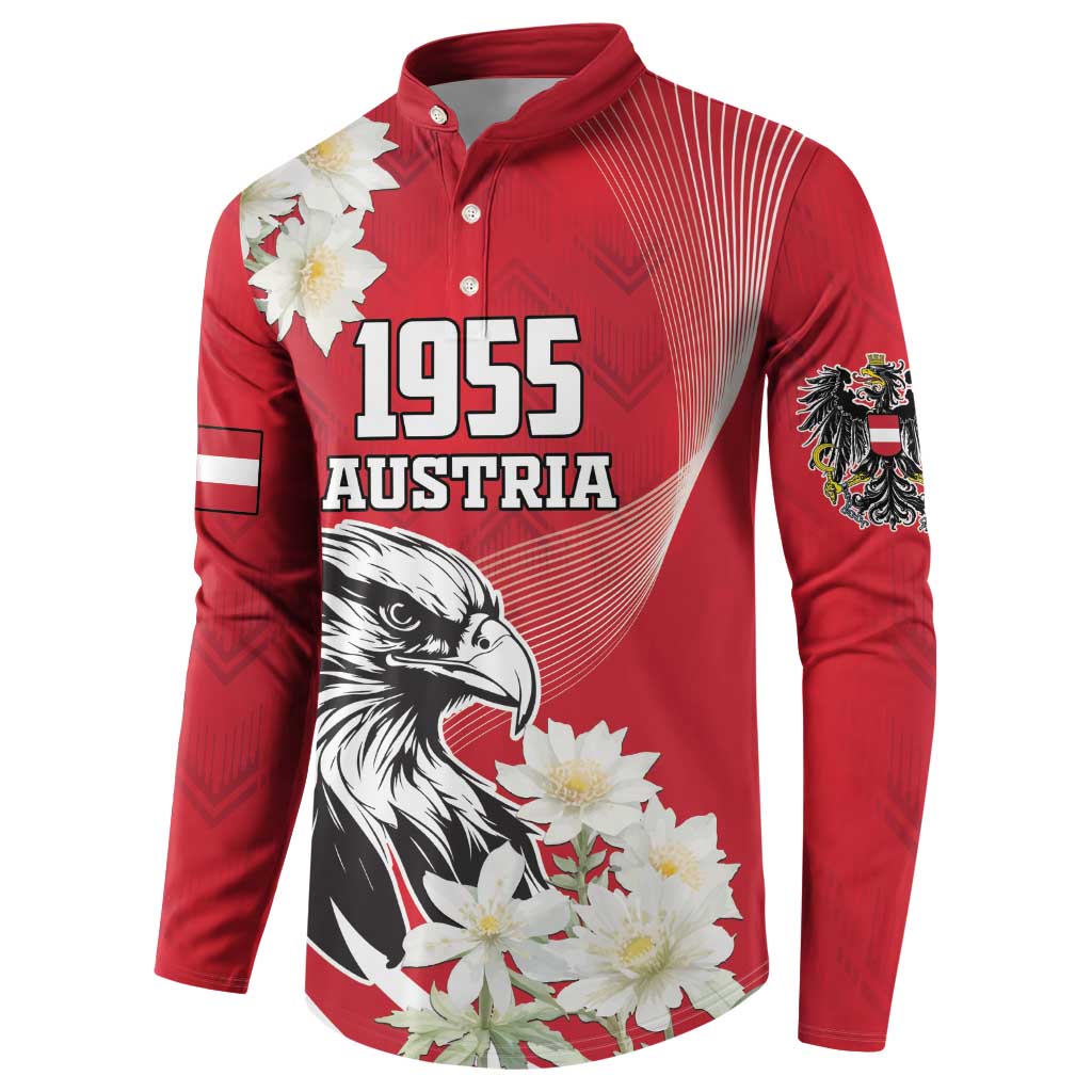 Red button sweatshirt with 1955 Austria graphic, eagle and white flowers on chest