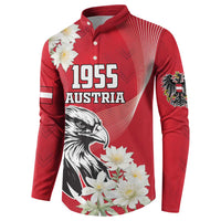 Red button sweatshirt with 1955 Austria graphic, eagle and white flowers on chest