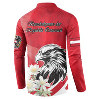 Red button sweatshirt back with eagle graphic, scrolling text, and flag stripe