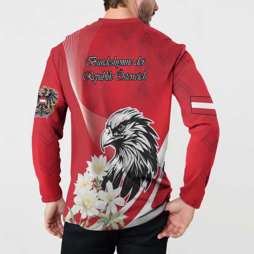 Red button sweatshirt back view with Austria eagle, flowers, and decorative script