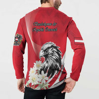 Red button sweatshirt back view with Austria eagle, flowers, and decorative script