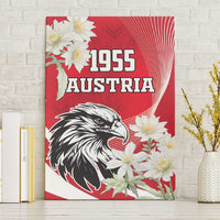 Red canvas wall art featuring black eagle, white edelweiss flowers, "1955 AUSTRIA"