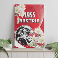 Red canvas wall art with eagle illustration, white flowers, "1955 AUSTRIA" title