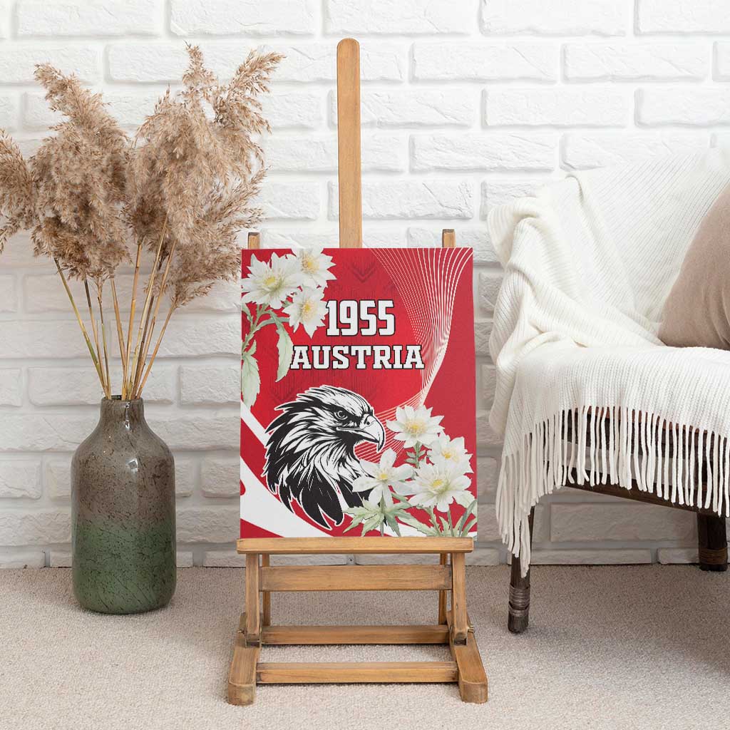 Red canvas wall art with black eagle and white flowers, "1955 AUSTRIA" text