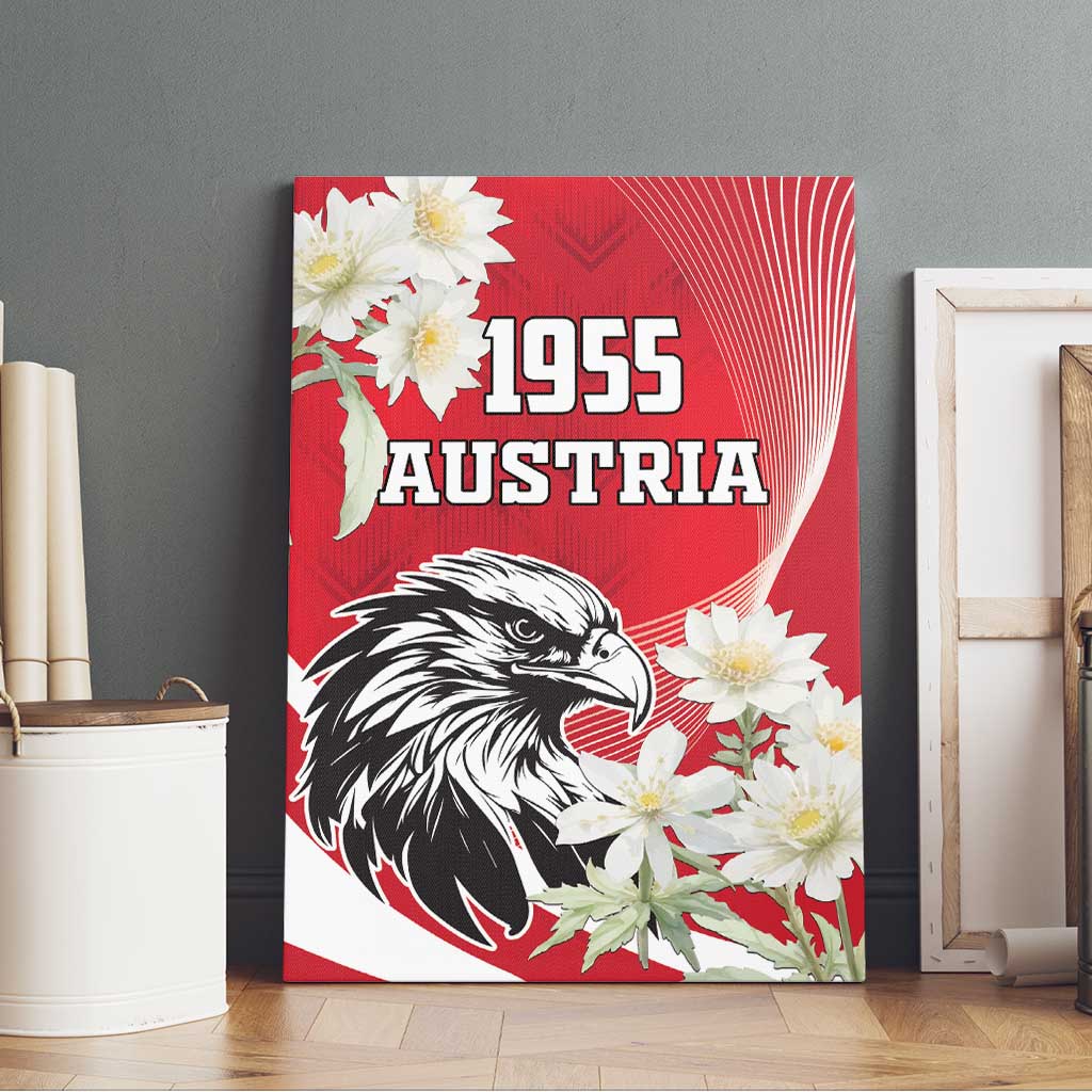 Red canvas wall art with black eagle and white blossoms, "1955 AUSTRIA" lettering