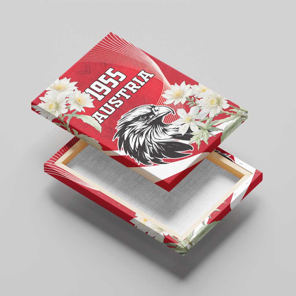 Red canvas wall art leaning on wooden stand, eagle and white flowers, "1955 AUSTRIA"