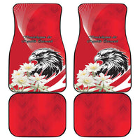 Red car mat set with eagle and white flower design, 4-piece layout