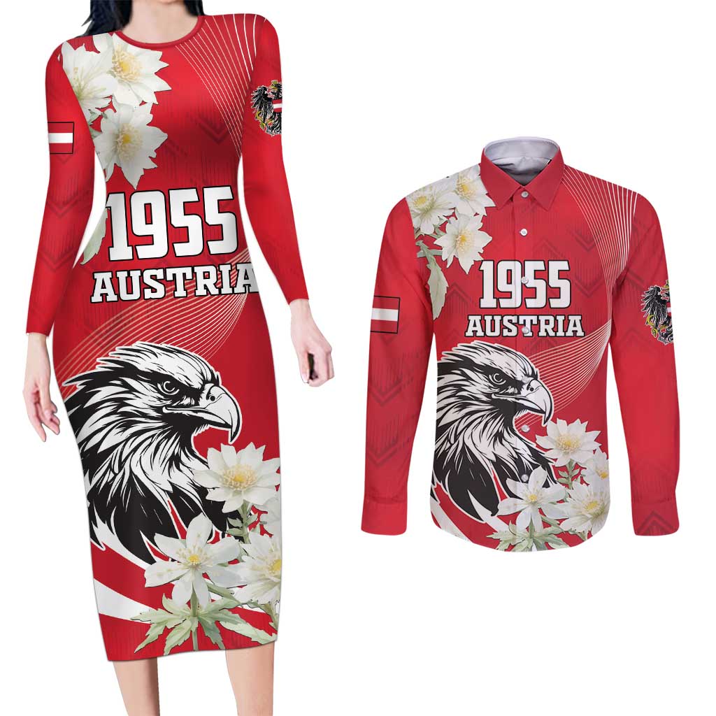 Austria Independence Day 1955 Couples Matching Long Sleeve Bodycon Dress and Long Sleeve Button Shirt Black Eagle And Edelweiss Flowers - Wonder Print Shop