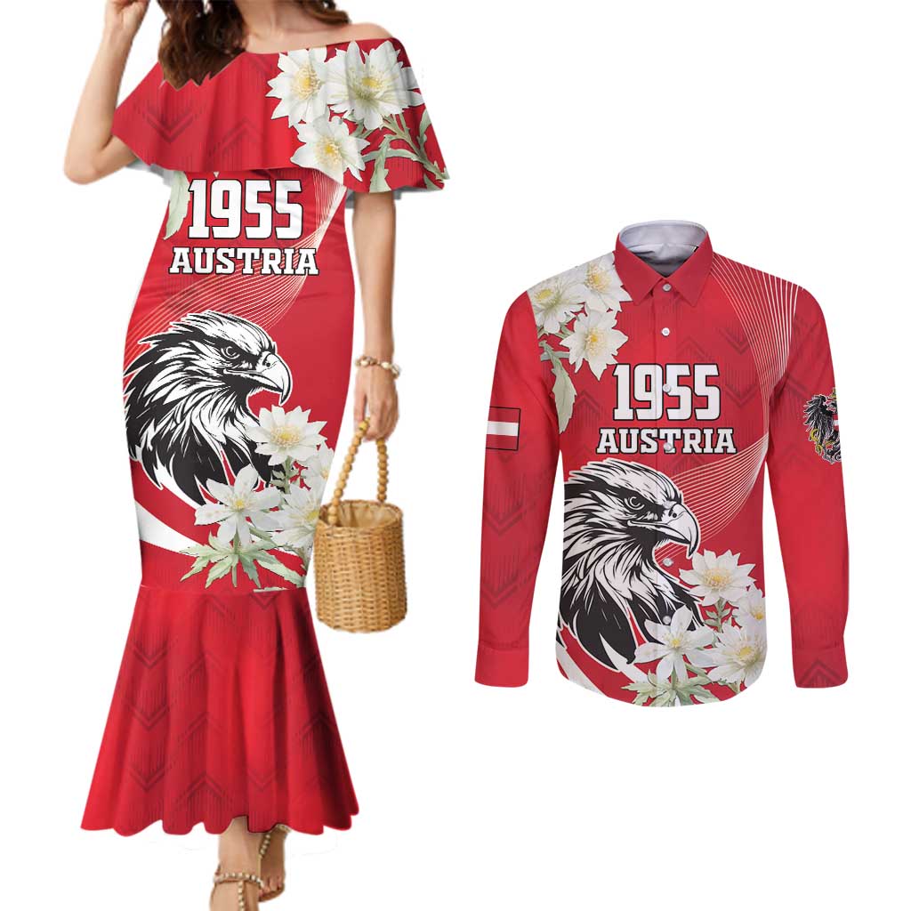 Austria Independence Day 1955 Couples Matching Mermaid Dress and Long Sleeve Button Shirt Black Eagle And Edelweiss Flowers