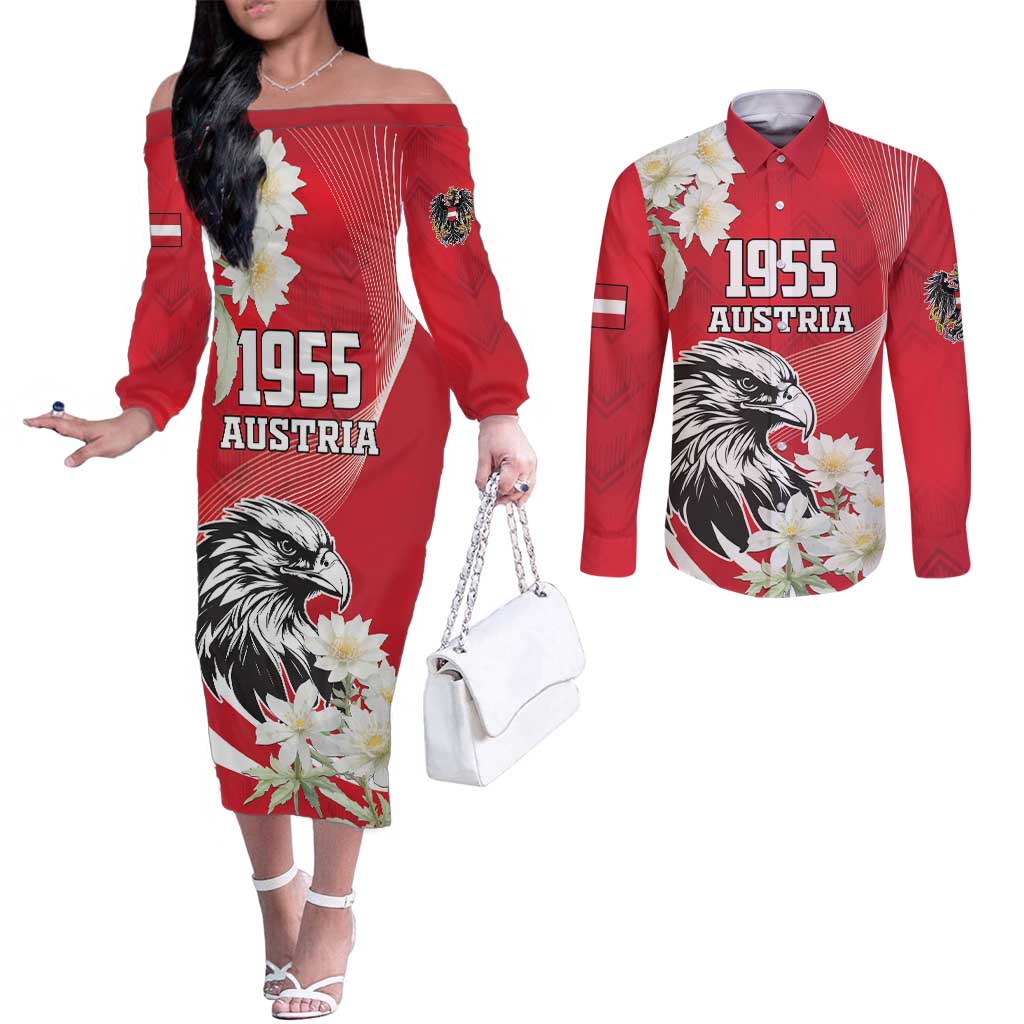 Austria Independence Day 1955 Couples Matching Off The Shoulder Long Sleeve Dress and Long Sleeve Button Shirt Black Eagle And Edelweiss Flowers