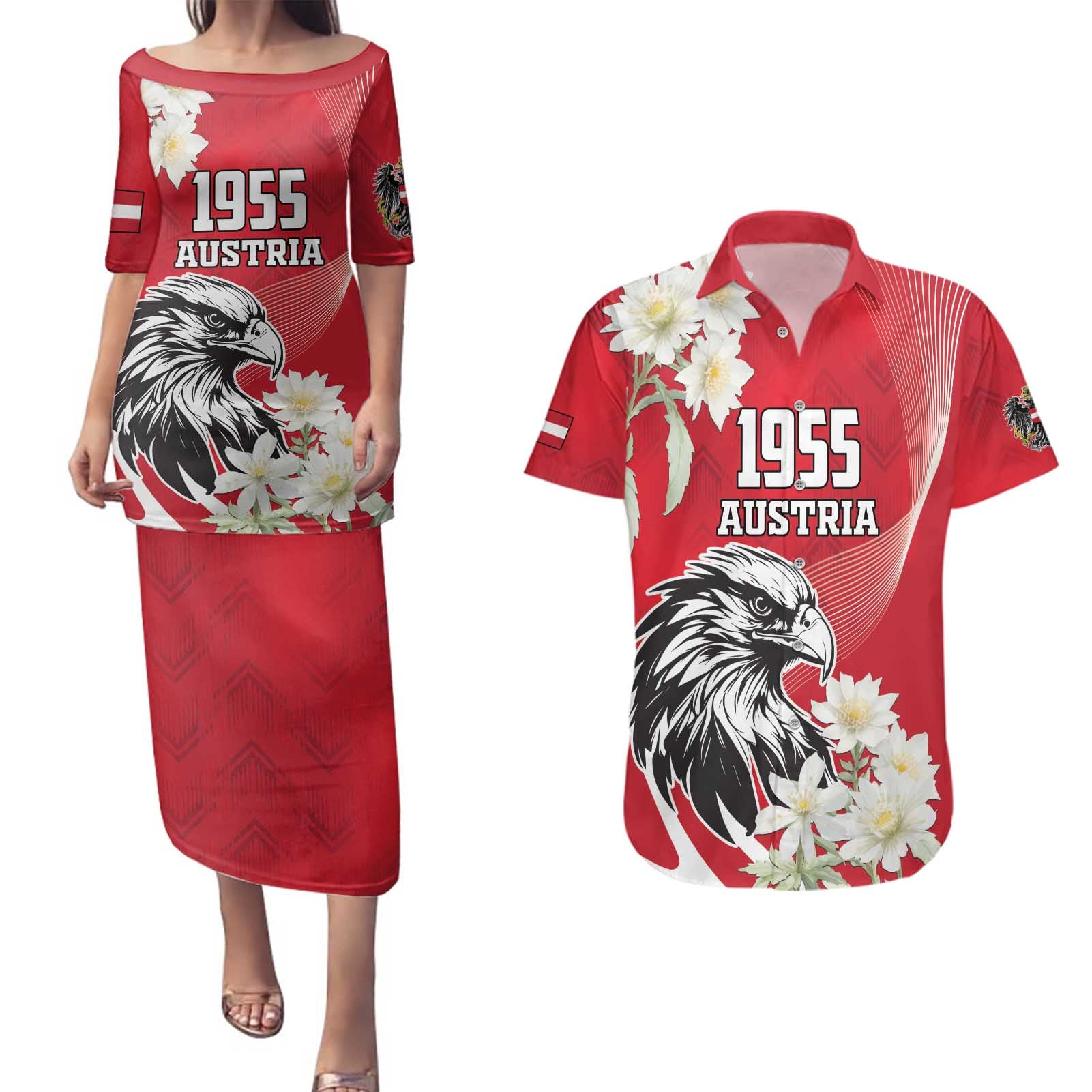 Austria Independence Day 1955 Couples Matching Puletasi and Hawaiian Shirt Black Eagle And Edelweiss Flowers - Wonder Print Shop