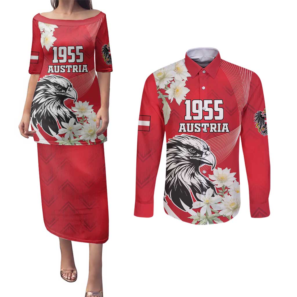 Austria Independence Day 1955 Couples Matching Puletasi and Long Sleeve Button Shirt Black Eagle And Edelweiss Flowers - Wonder Print Shop