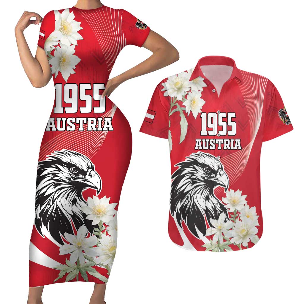 Austria Independence Day 1955 Couples Matching Short Sleeve Bodycon Dress and Hawaiian Shirt Black Eagle And Edelweiss Flowers - Wonder Print Shop