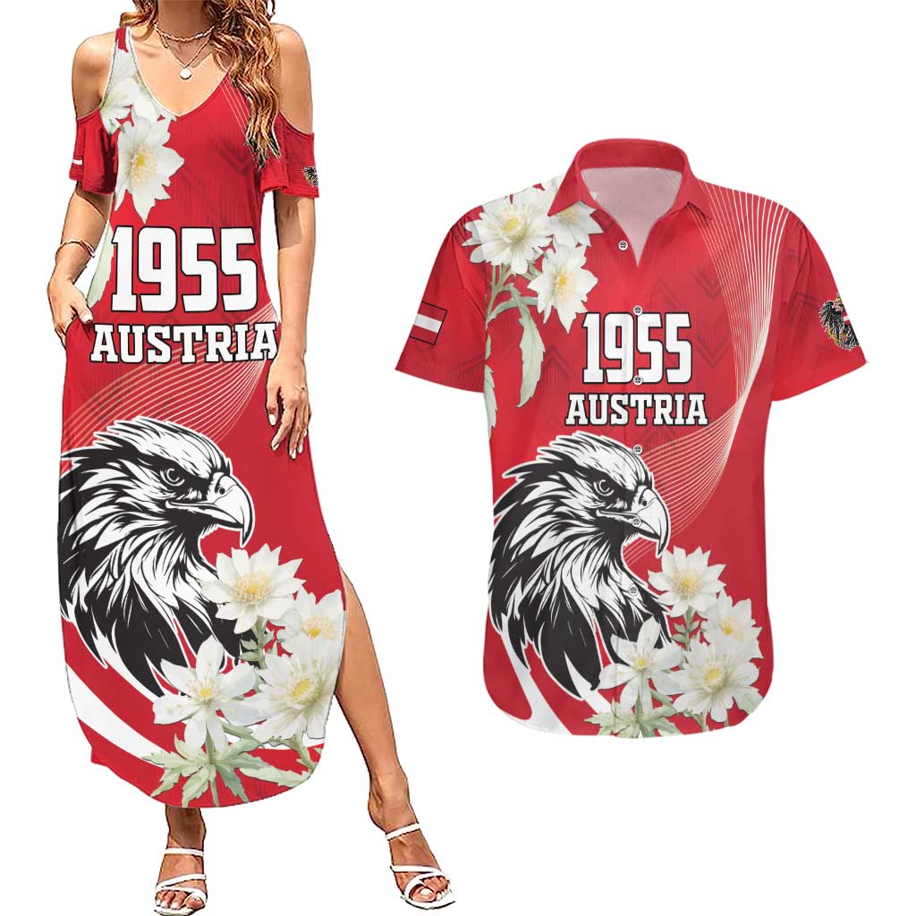 Austria Independence Day 1955 Couples Matching Summer Maxi Dress and Hawaiian Shirt Black Eagle And Edelweiss Flowers - Wonder Print Shop