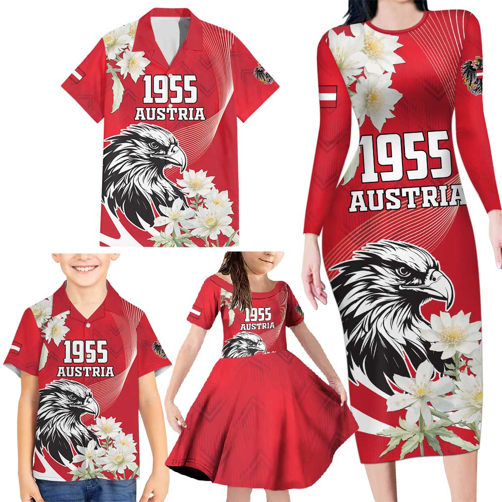 Austria Independence Day 1955 Family Matching Long Sleeve Bodycon Dress and Hawaiian Shirt Black Eagle And Edelweiss Flowers - Wonder Print Shop