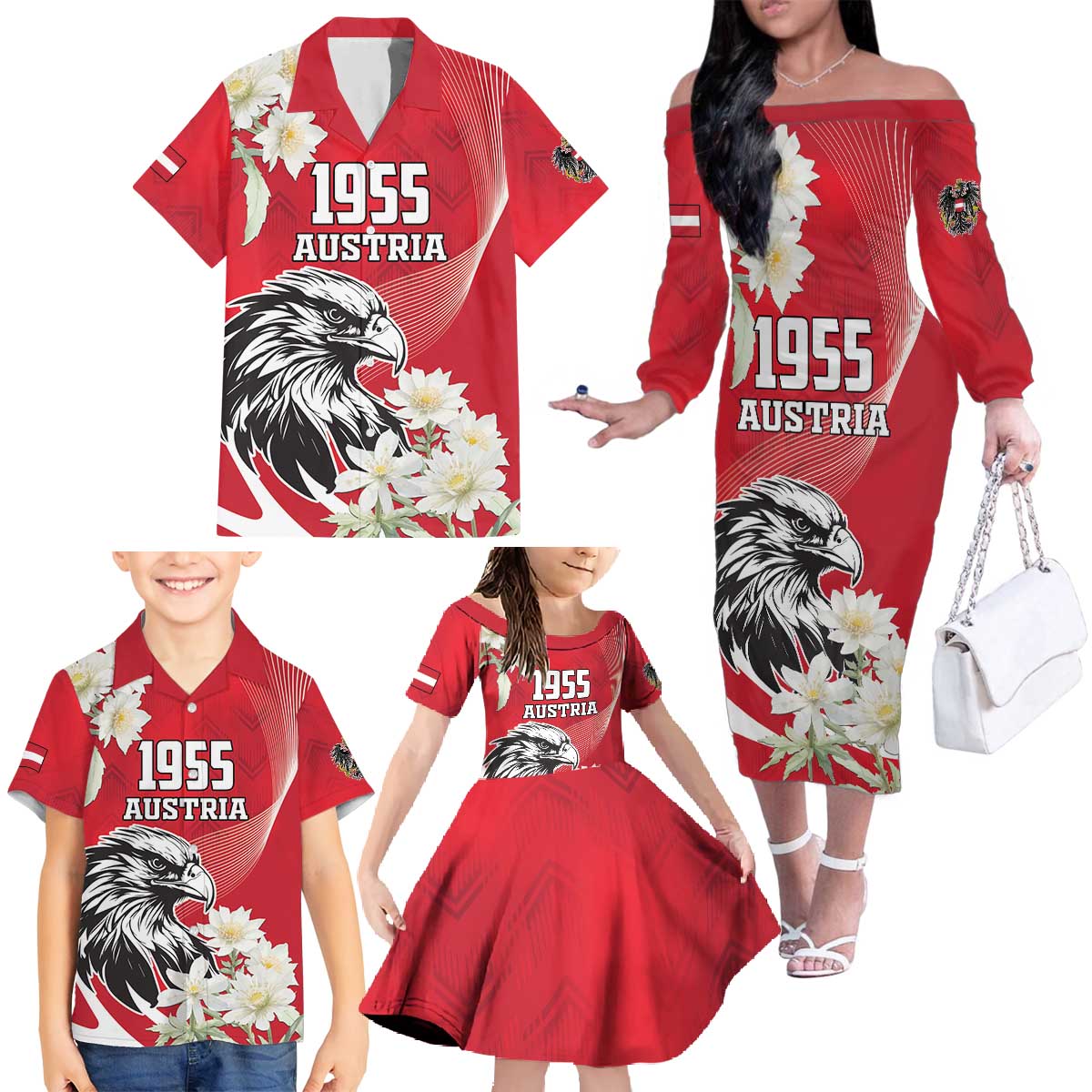 Austria Independence Day 1955 Family Matching Off The Shoulder Long Sleeve Dress and Hawaiian Shirt Black Eagle And Edelweiss Flowers - Wonder Print Shop