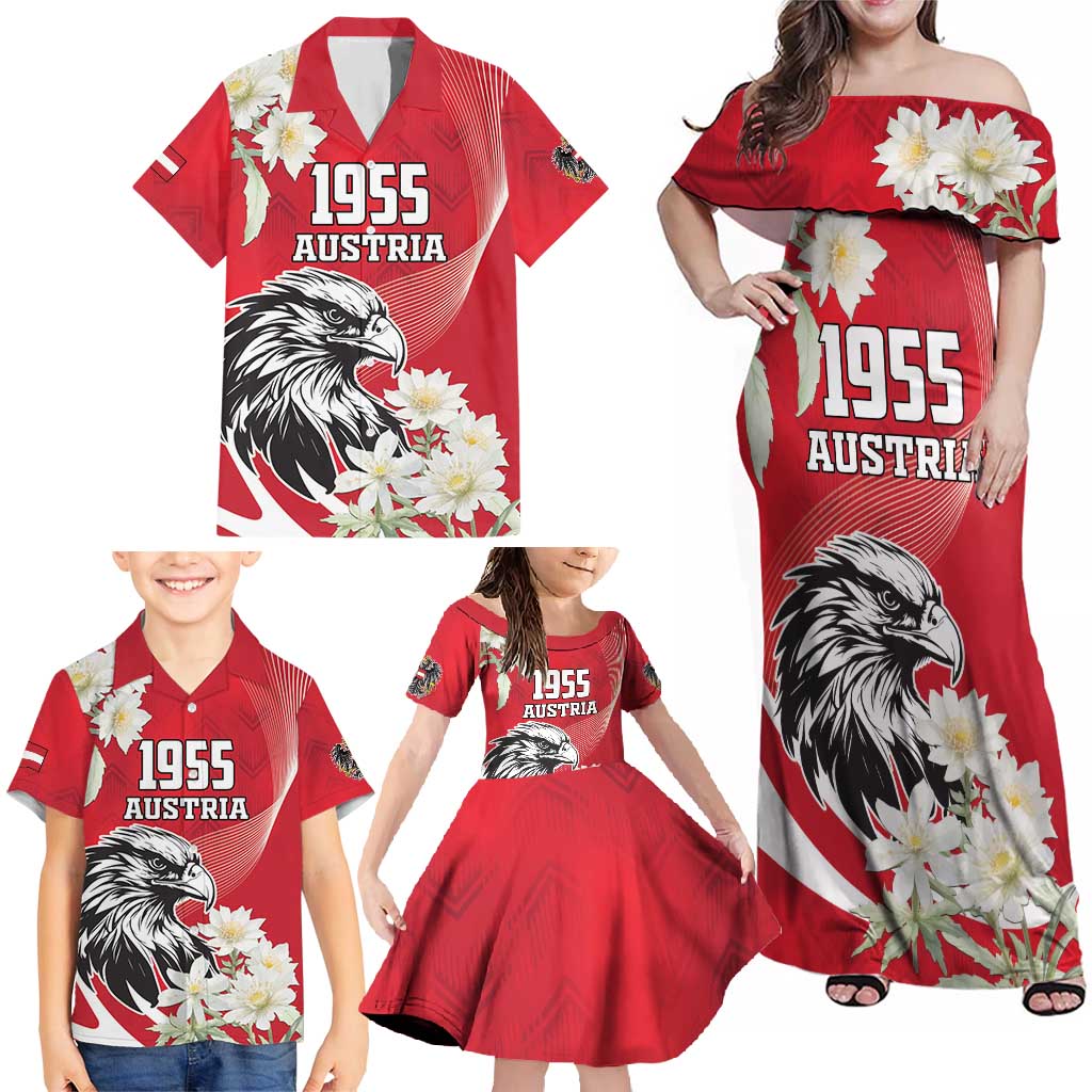 Austria Independence Day 1955 Family Matching Off Shoulder Maxi Dress and Hawaiian Shirt Black Eagle And Edelweiss Flowers - Wonder Print Shop