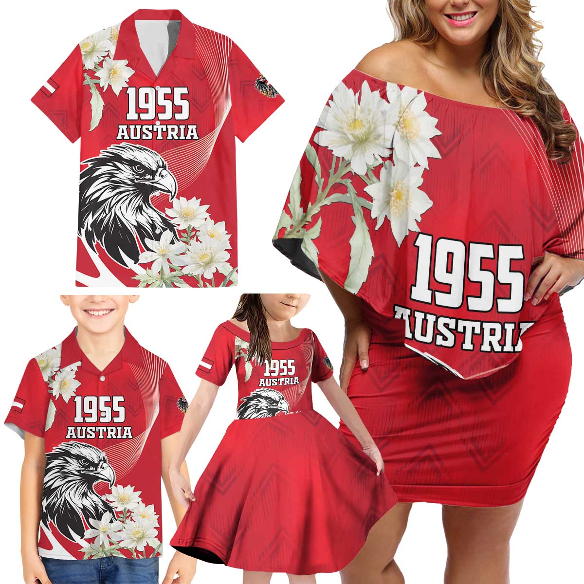 Austria Independence Day 1955 Family Matching Off Shoulder Short Dress and Hawaiian Shirt Black Eagle And Edelweiss Flowers - Wonder Print Shop