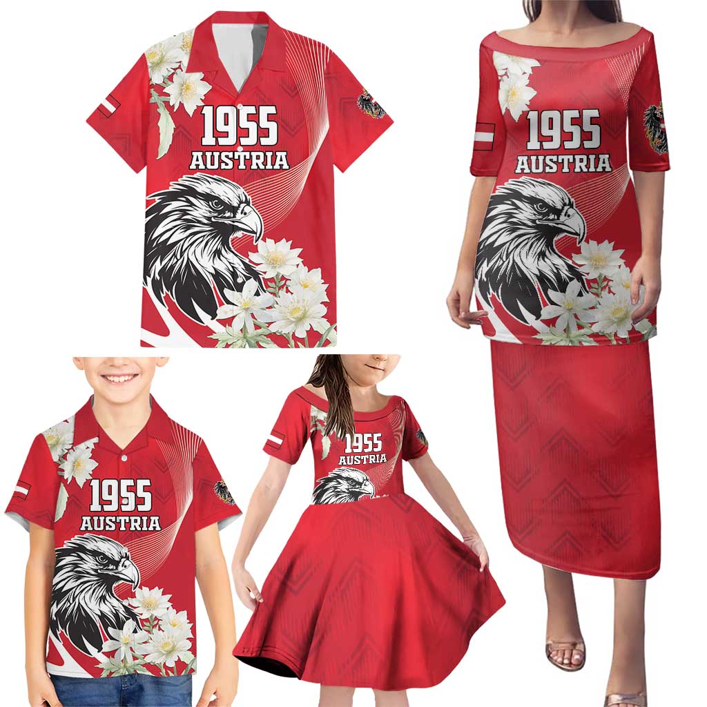 Austria Independence Day 1955 Family Matching Puletasi and Hawaiian Shirt Black Eagle And Edelweiss Flowers - Wonder Print Shop