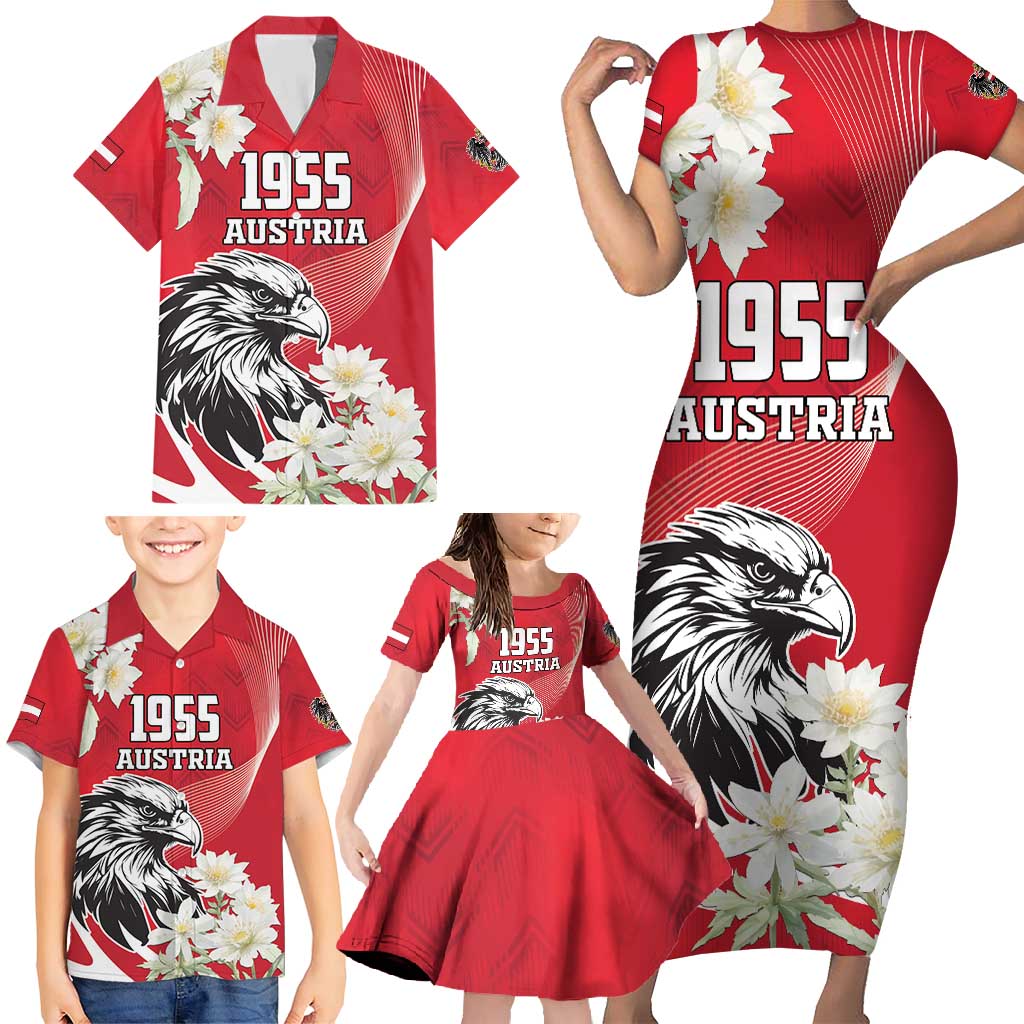 Austria Independence Day 1955 Family Matching Short Sleeve Bodycon Dress and Hawaiian Shirt Black Eagle And Edelweiss Flowers - Wonder Print Shop