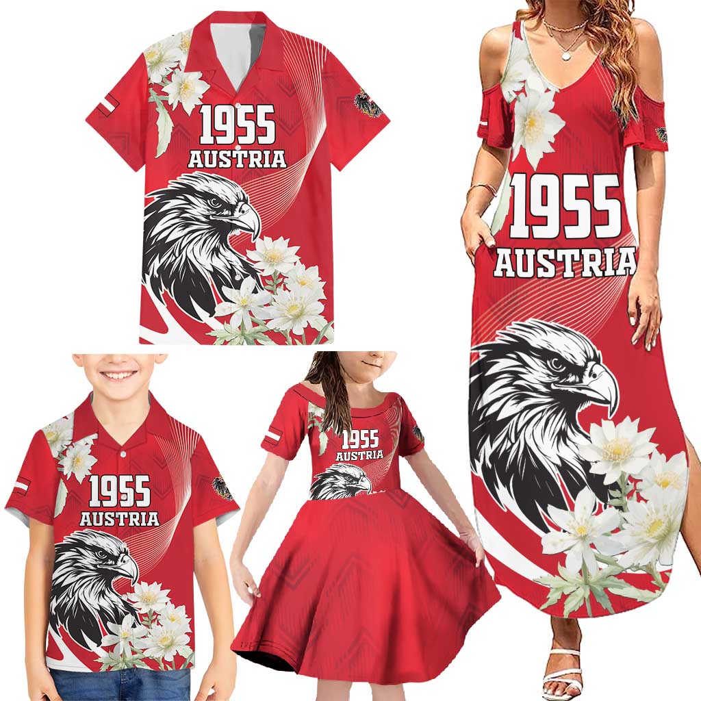 Austria Independence Day 1955 Family Matching Summer Maxi Dress and Hawaiian Shirt Black Eagle And Edelweiss Flowers - Wonder Print Shop