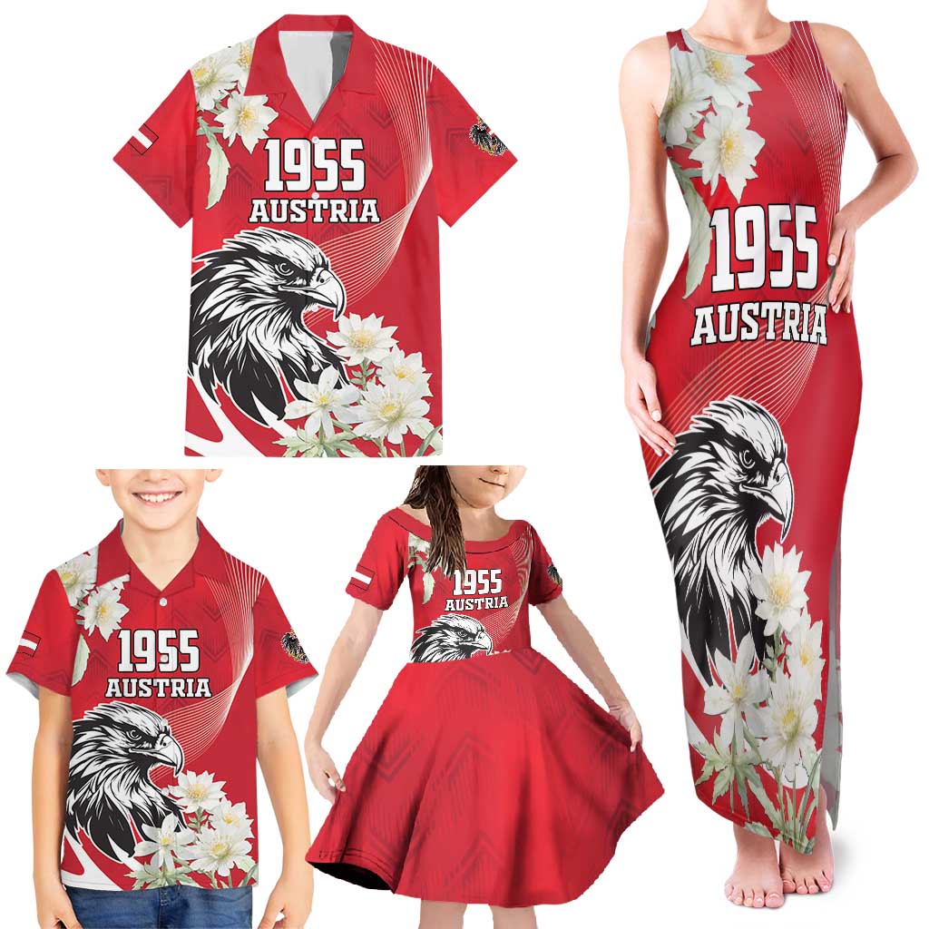 Austria Independence Day 1955 Family Matching Tank Maxi Dress and Hawaiian Shirt Black Eagle And Edelweiss Flowers - Wonder Print Shop