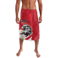 Red printed swim shorts with black eagle and white flower graphics