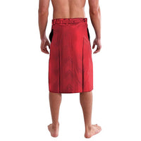 Red printed swim shorts with geometric pattern and waistband, back view