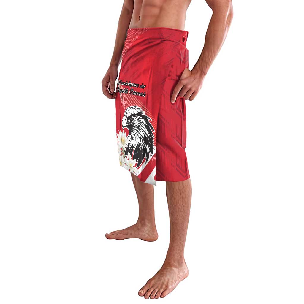 Red printed swim shorts with black eagle and white floral design, side view