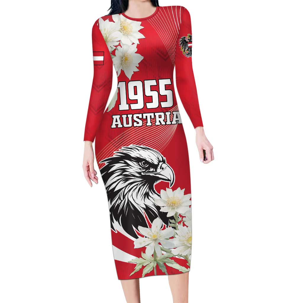 Austria Independence Day 1955 Long Sleeve Bodycon Dress Black Eagle And Edelweiss Flowers - Wonder Print Shop