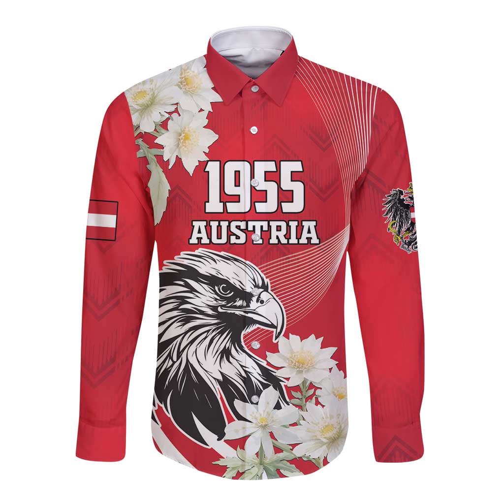 Red long sleeve button shirt with 1955 Austria graphic, eagle head, and white flower print