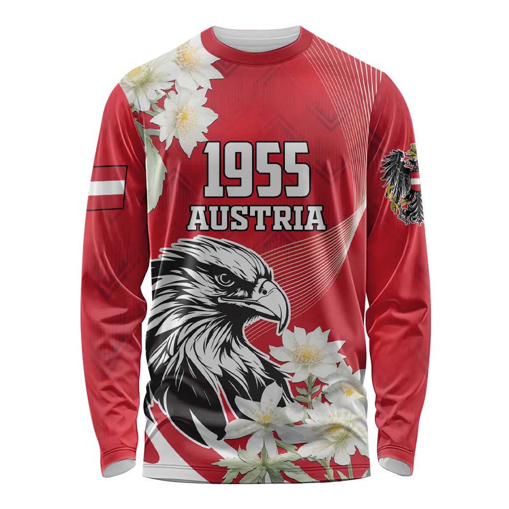 Red long-sleeve shirt with eagle and edelweiss flowers, '1955 Austria' front graphic