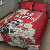 Red quilt bed set with large eagle and 1955 Austria text, white stripes and floral burst