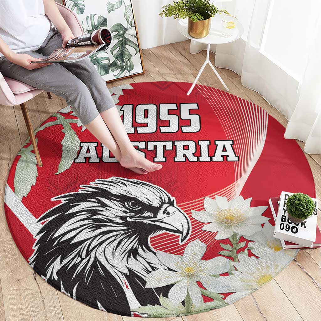 Round red Austria 1955 rug with black eagle face and white daisy-style flowers