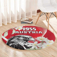 Round red Austria Independence Day 1955 rug with eagle and flower print, circular design