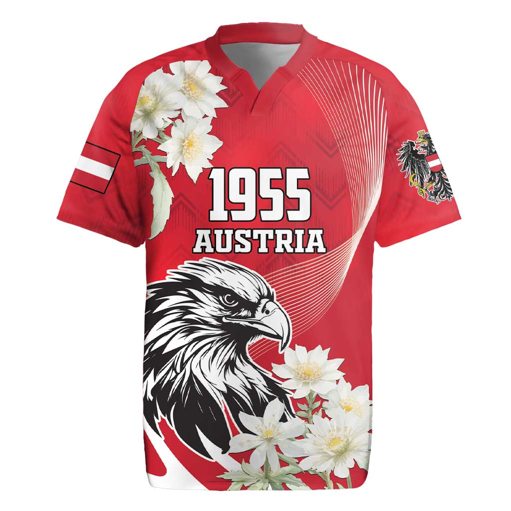 Austria Independence Day 1955 Rugby Jersey Black Eagle And Edelweiss Flowers - Wonder Print Shop