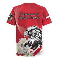 Red rugby jersey back view with eagle graphic, curved line pattern, and slogan text