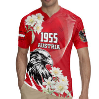Red polo-style rugby jersey with eagle head, 1955 Austria front print, and white flowers