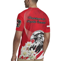 Red rugby jersey back with eagle graphic and German slogan text
