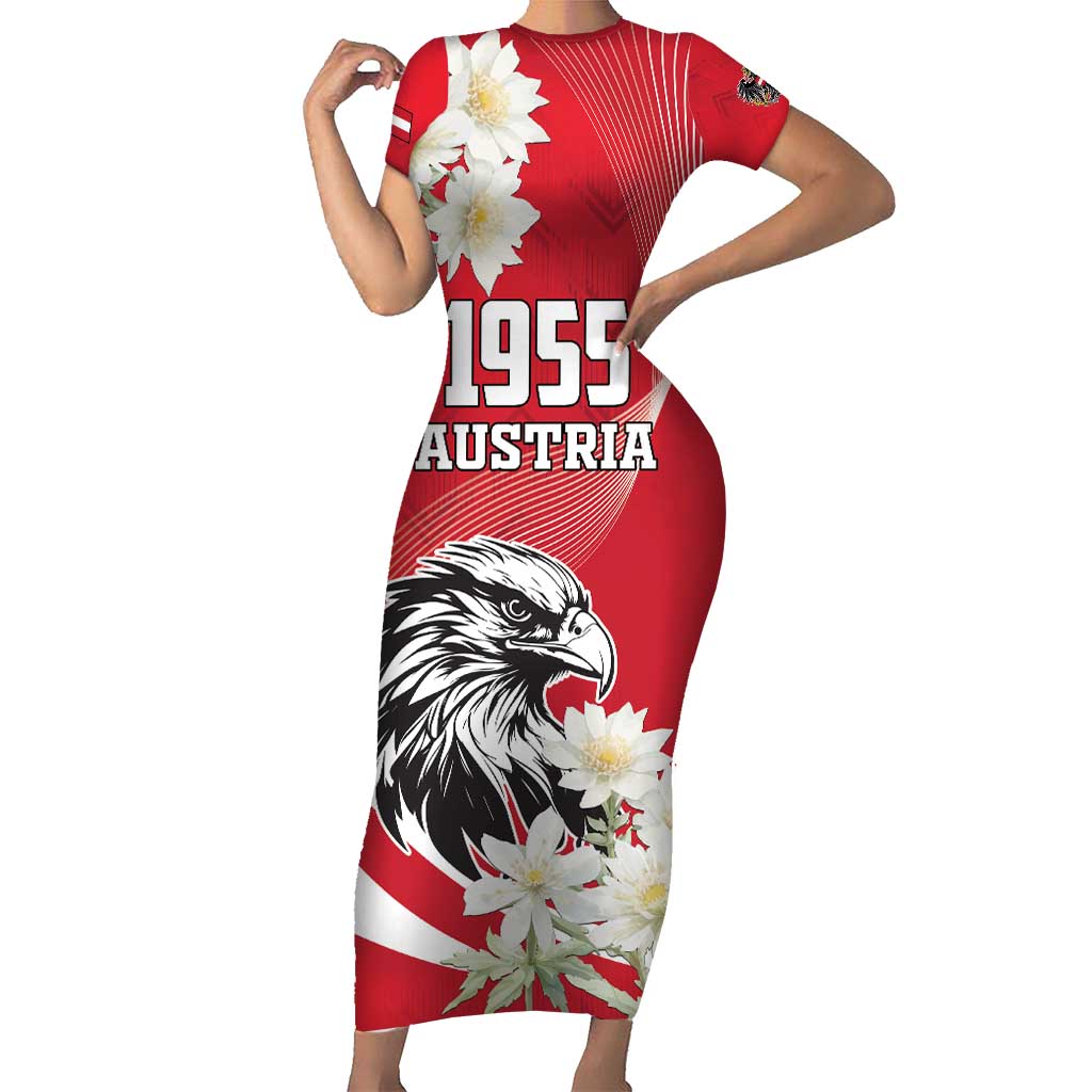 Austria Independence Day 1955 Short Sleeve Bodycon Dress Black Eagle And Edelweiss Flowers - Wonder Print Shop