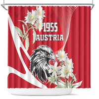 Red shower curtain with Austria eagle, 1955 text, and white edelweiss-style flowers