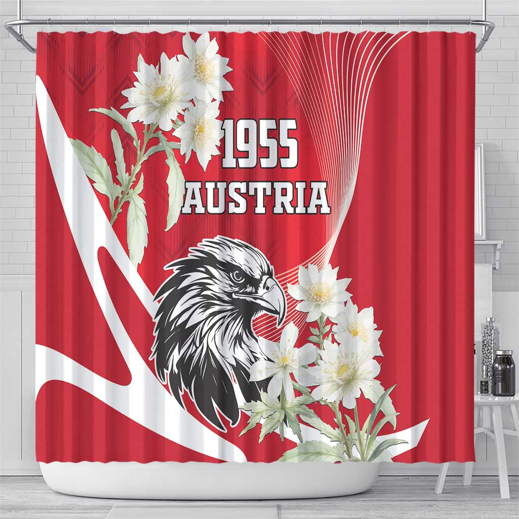Red shower curtain showing Austria eagle graphic, 1955 lettering, and white flowers