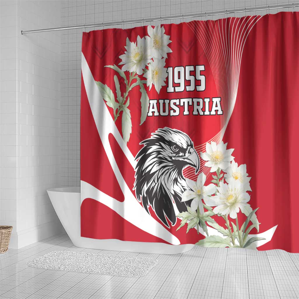 Red shower curtain with Austria eagle, 1955 text, and white blossoms over red stripes