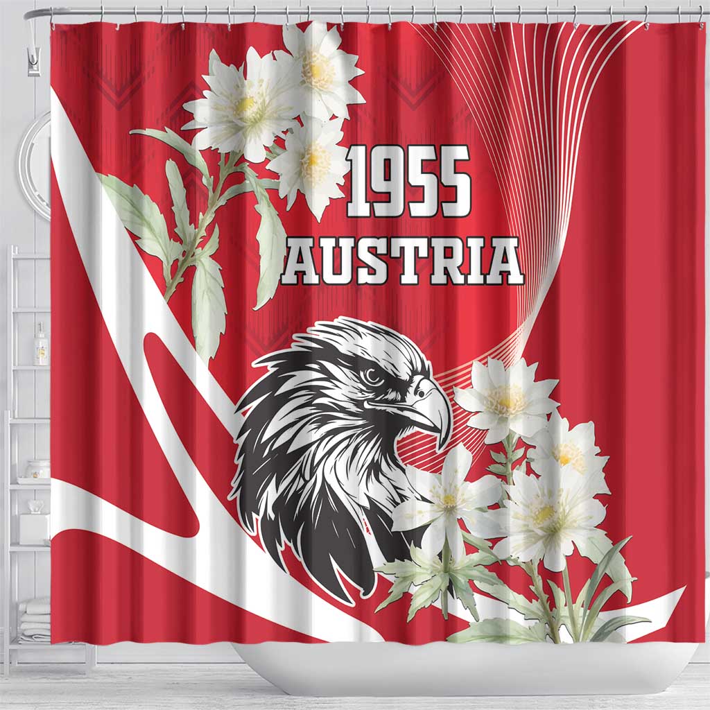 Red shower curtain featuring Austria eagle, 1955 lettering, and large white flower bouquet
