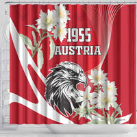 Red shower curtain featuring Austria eagle, 1955 lettering, and large white flower bouquet