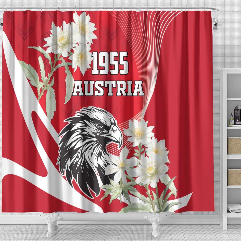 Red shower curtain with Austria eagle, 1955 text, and white edelweiss flowers bouquet