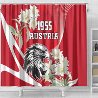 Red shower curtain with Austria eagle, 1955 text, and white edelweiss flowers bouquet