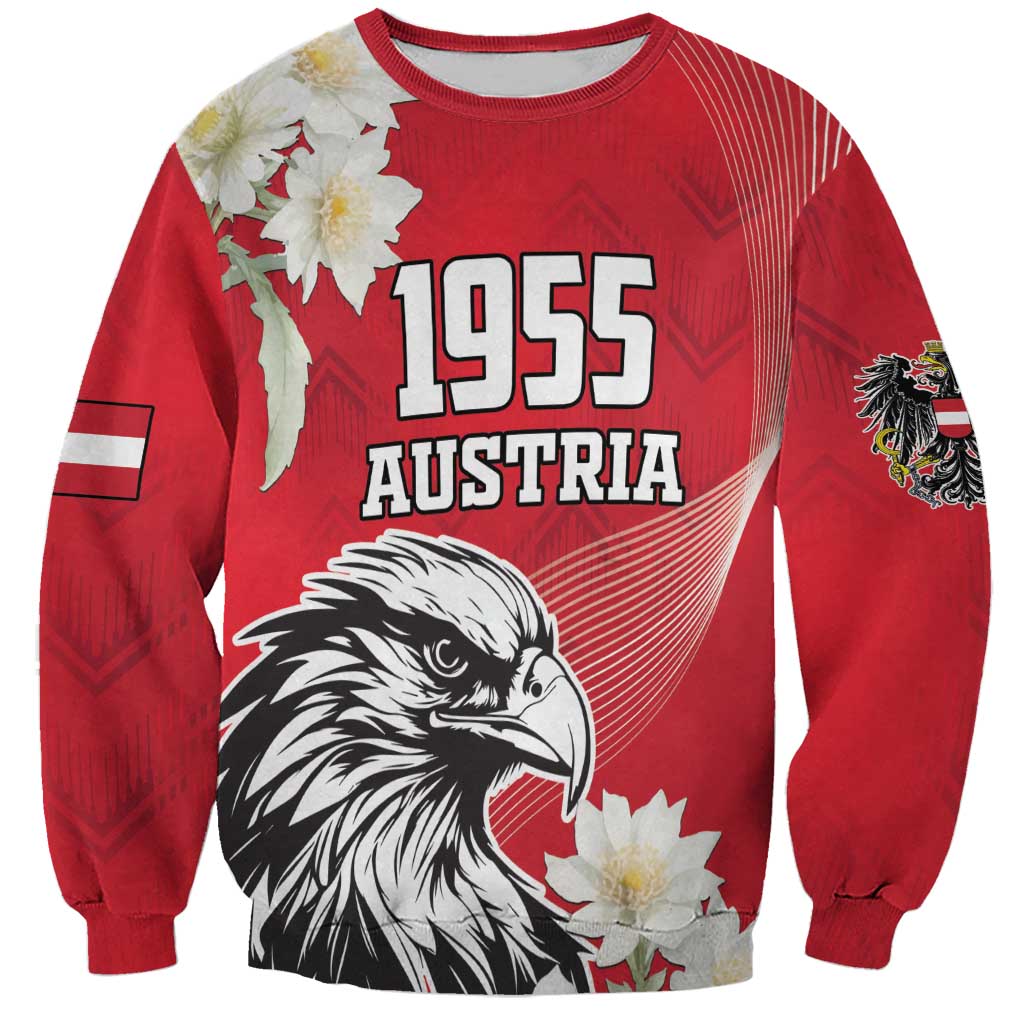 Red sweatshirt with 1955 Austria eagle graphic and white and gold flower prints