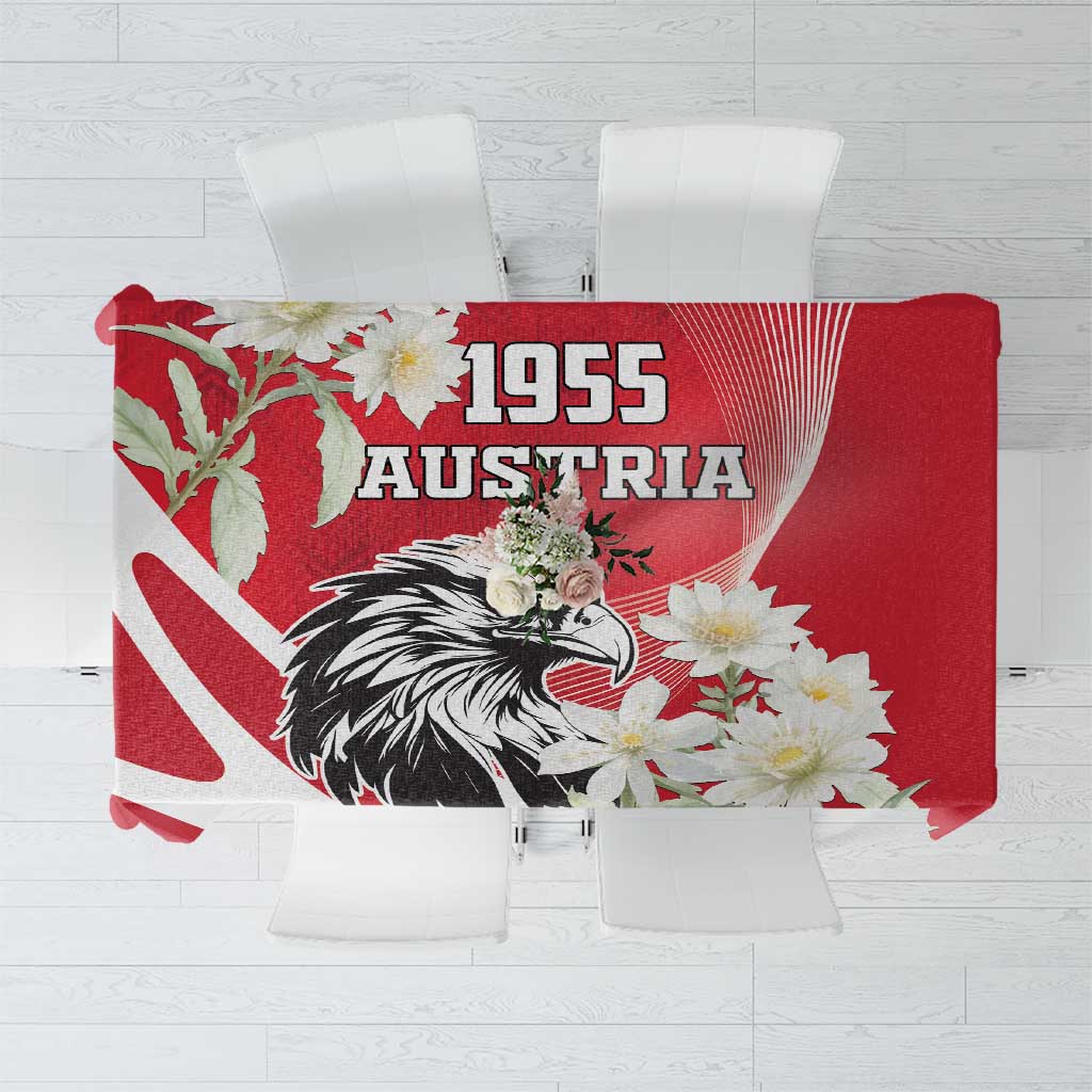 Red tablecloth with 1955 Austria eagle and floral motif, red and white design